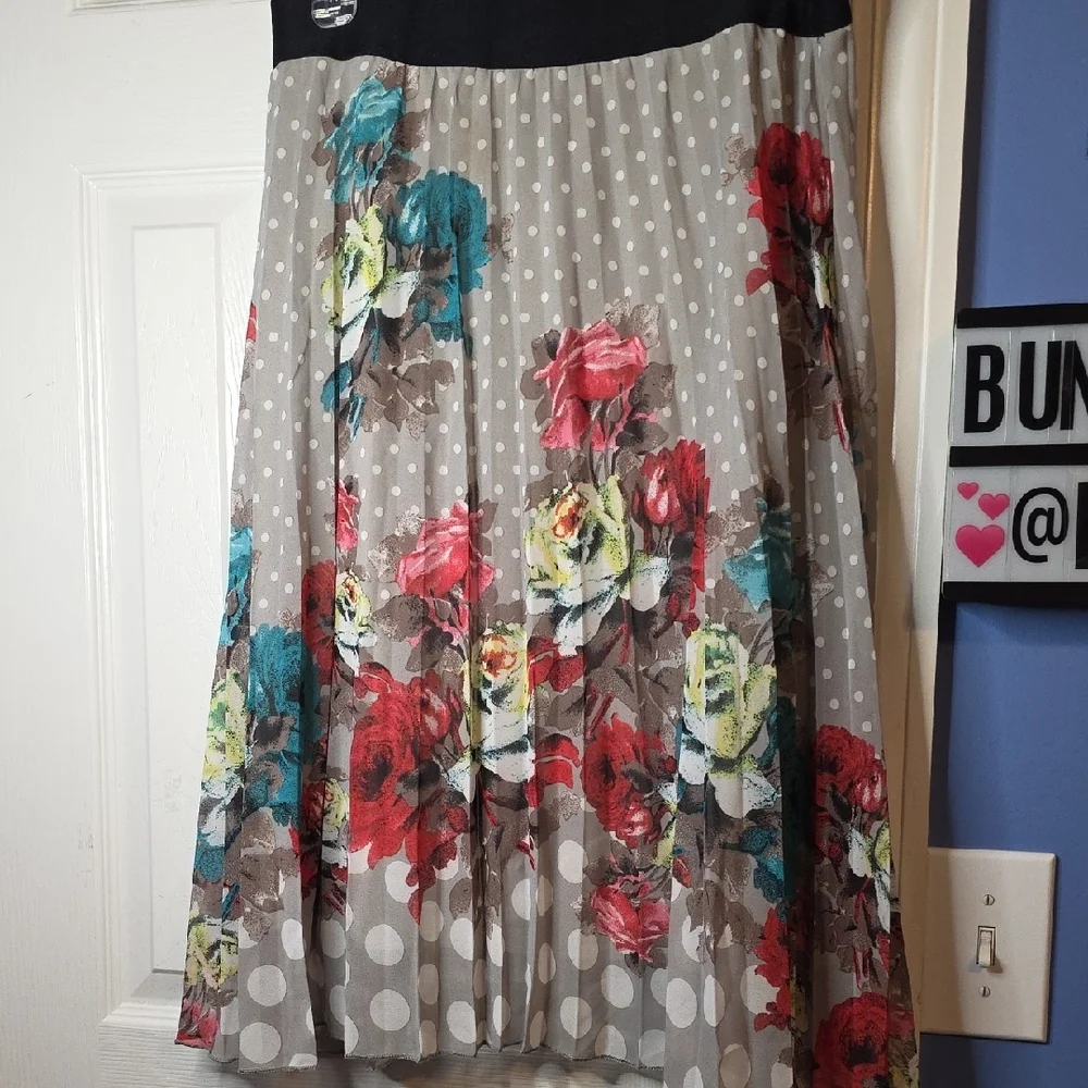Compagnie Nouvelle Medium Floral Polka Dot Skirt Gray Black White Teal Pleated
